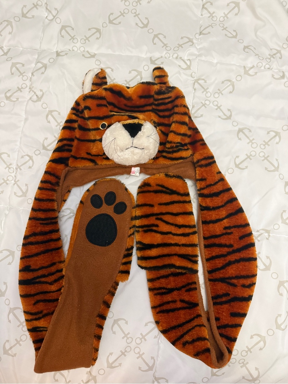 Plush Tiger Hooded Kids One-Piece Scarf with Paw Mitts - Orange